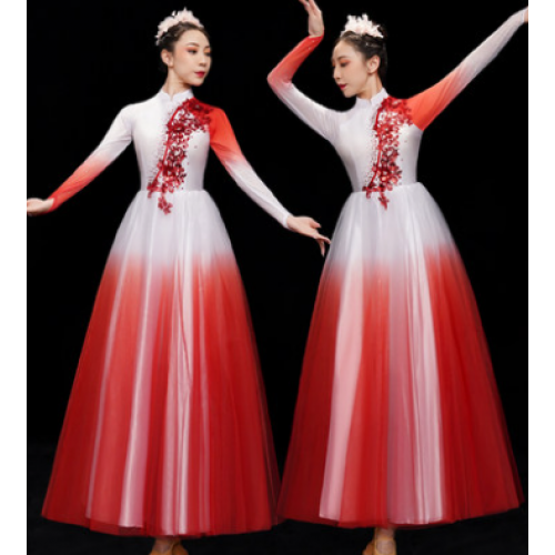 Women blue red pink gradient colored Chinese folk dance dress Opening flamenco big swing skirt female modern dance long skirt song dance dress